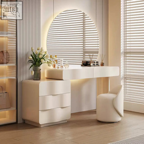 Cream-colored turner dressing table with large led mirror and curved drawers in a sleek minimalist design