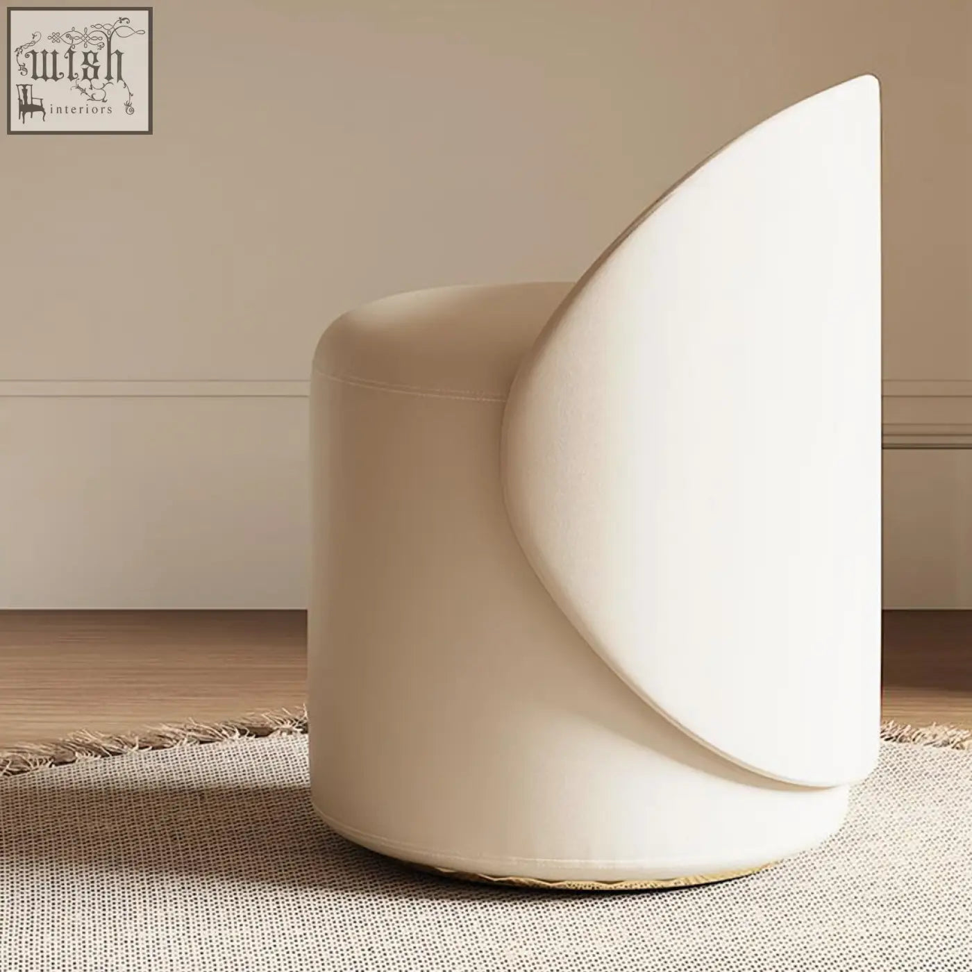 Cream-colored upholstered stool with curved backrest and rounded edges for turner dressing table setup