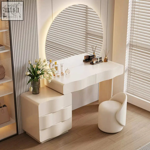Modern cream turner dressing table with sleek curved design and large led mirror for stylish vanity setup