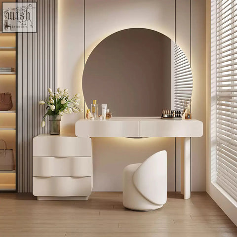 Modern cream turner dressing table with large circular led mirror perfect for stylish makeup and grooming setups