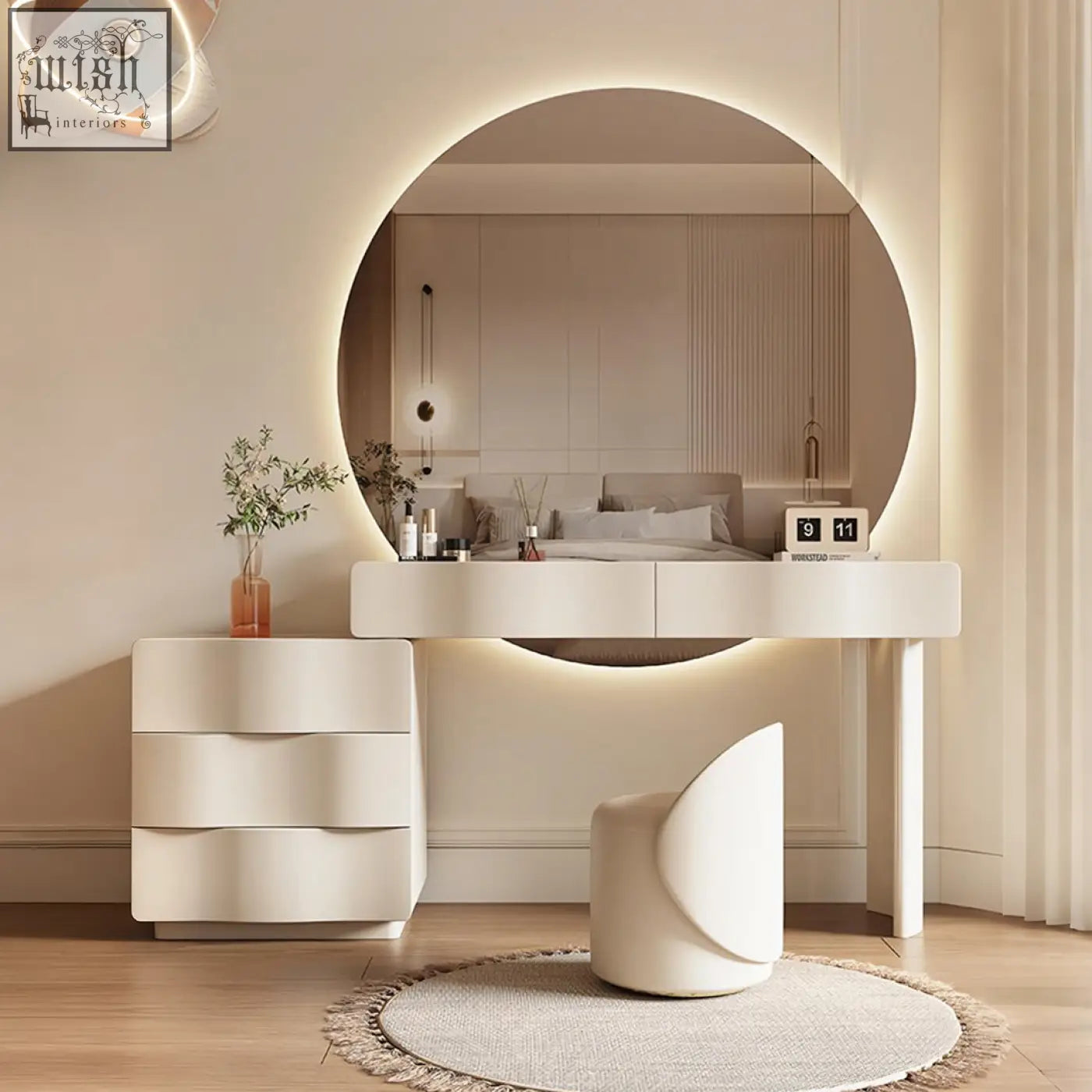 Turner dressing table in cream with a sleek white finish and large LED mirror featuring integrated underlighting