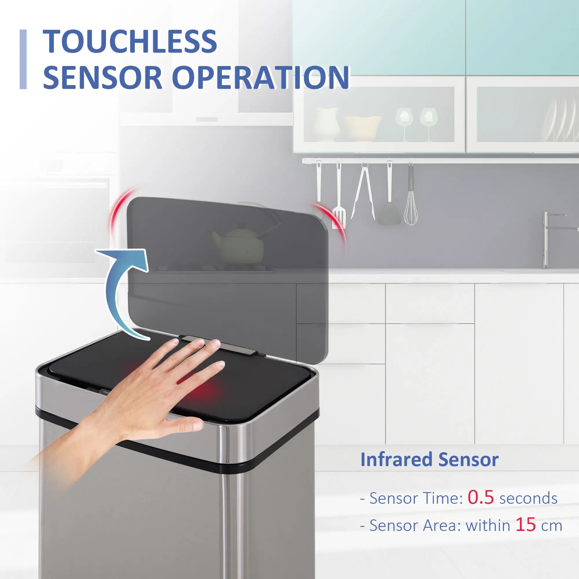 HOMCOM 72L Recycling Sensor Bin Stainless Steel 3 Compartments For Both Wet/Dry Waste w/Removable Lid Kitchen Home