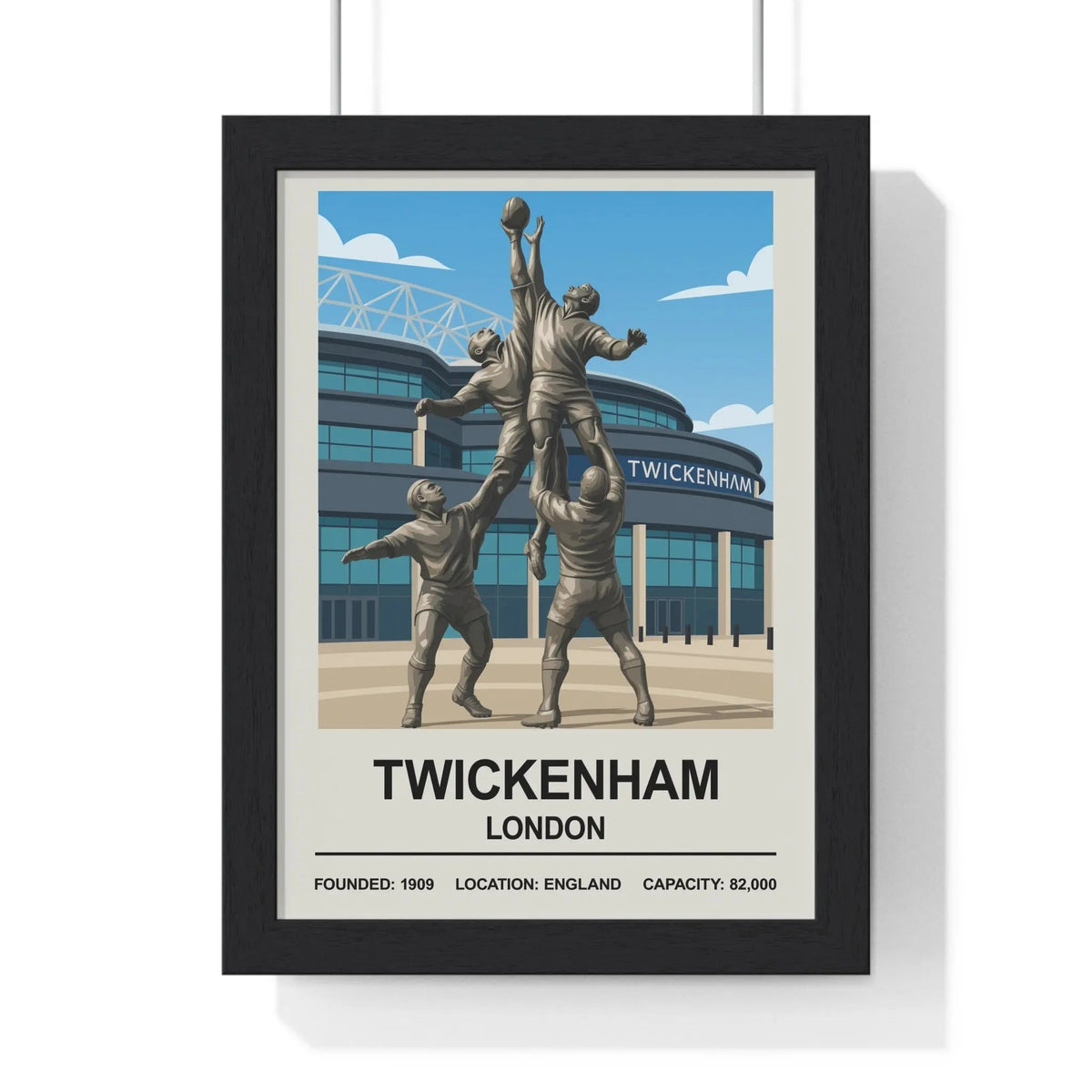 Black-framed twickenham stadium print featuring bronze rugby player statue illustration at london venue