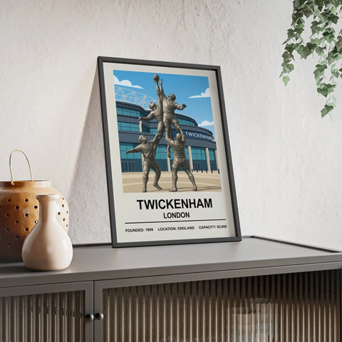 A framed poster print featuring a colorful stylized rugby players illustration at twickenham stadium london
