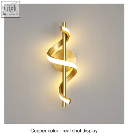 Copper-colored twisted led wall light with sleek spiraling design perfect for modern living room lighting