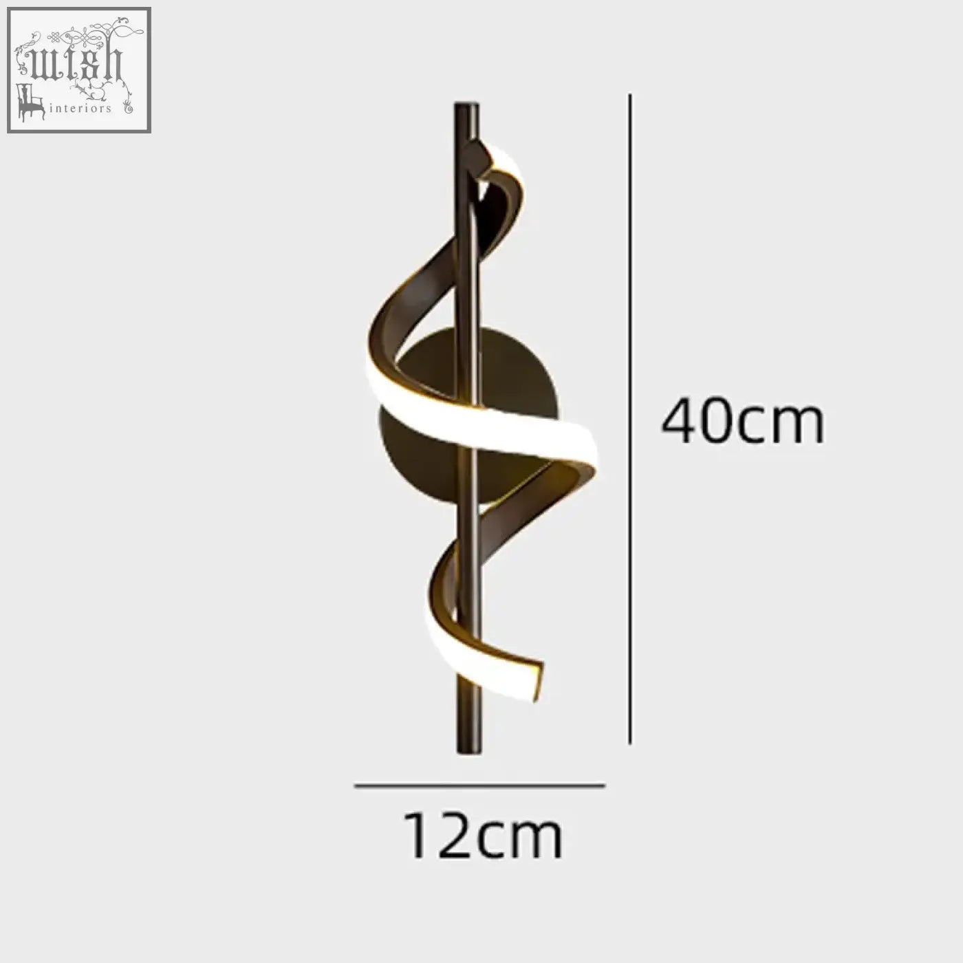 Modern minimalist twisted led wall light in black and gold with a sleek spiral design and glowing white light strip