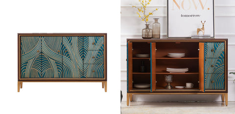 Teak wood tylor sideboard with teal and gold art deco leaf-patterned doors in green for stylish storage