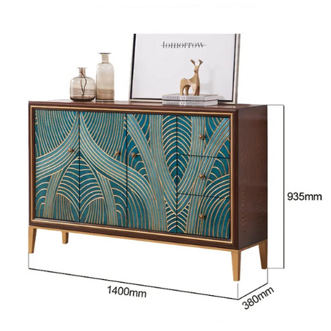 Teal and gold art deco patterned tylor sideboard with wooden frame and legs in green for stylish storage