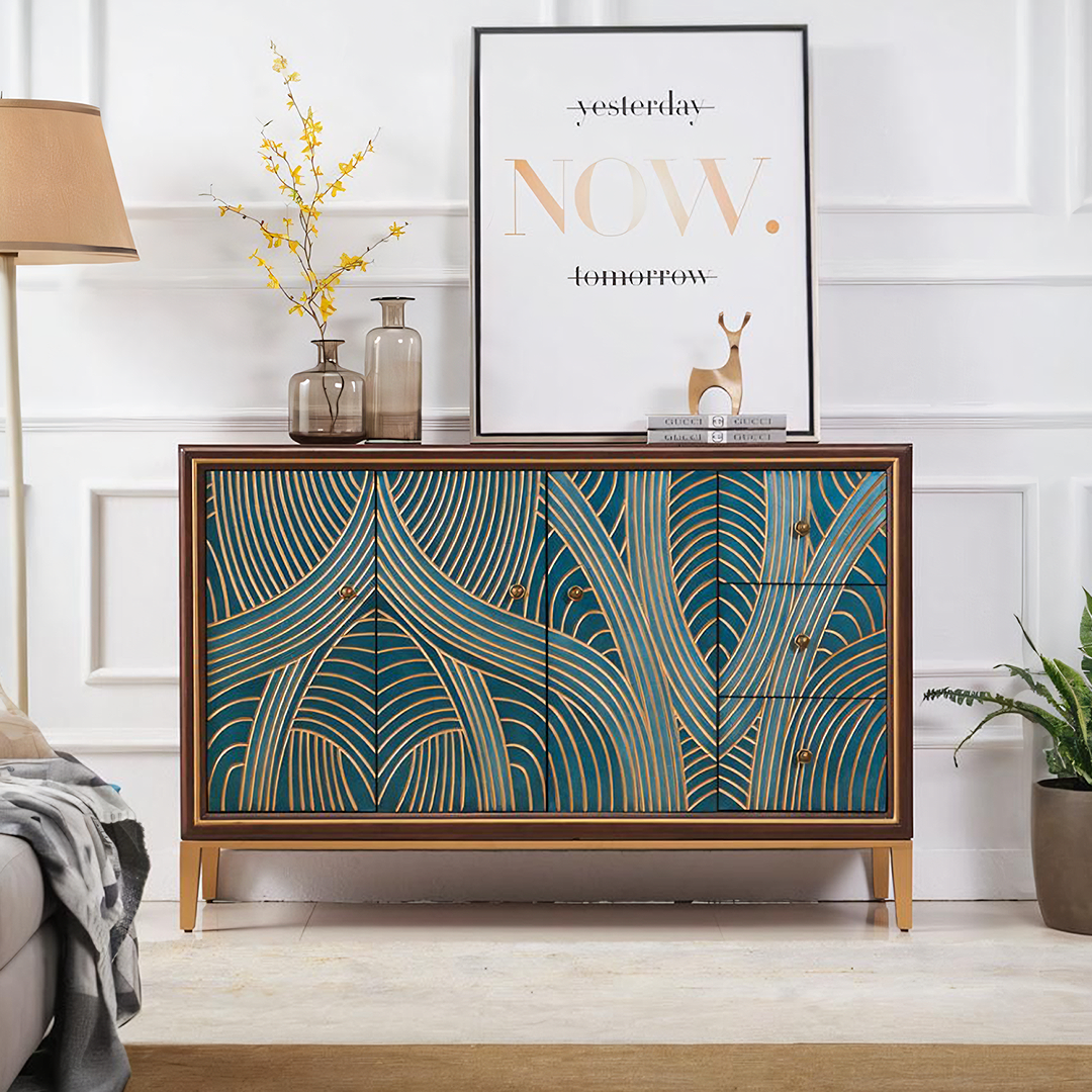 Teal and gold art deco patterned tylor sideboard with wooden frame and legs in green for stylish storage