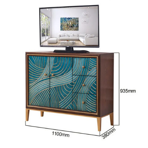 Teal and gold wave-patterned tylor sideboard with wooden legs perfect for stylish storage in green finish