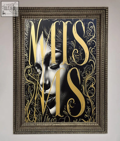 A typography queen framed poster with a black and white woman portrait and gold lettering on a stylish queen framed poster