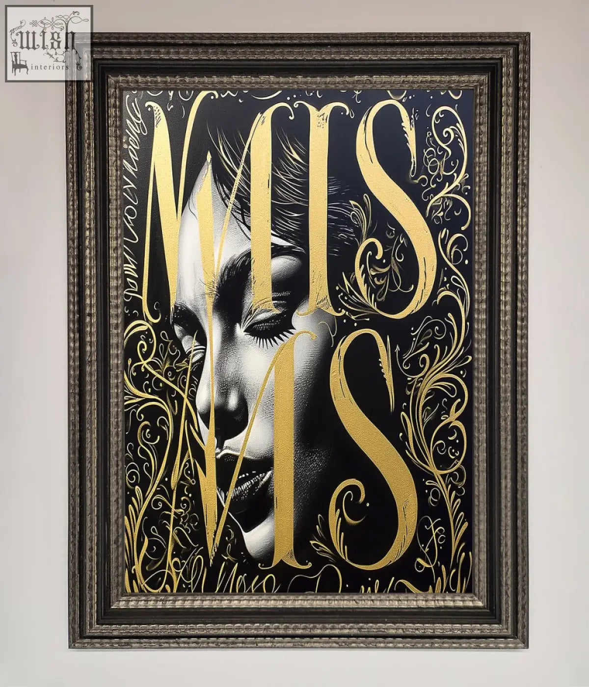 A typography queen framed poster featuring a black and white portrait with gold lettering and floral designs on dark background