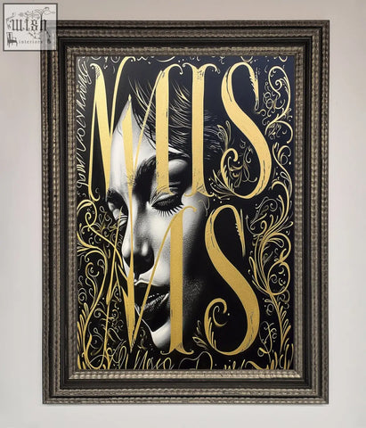 A typography queen framed poster featuring a black and white portrait with gold lettering and floral designs on dark background