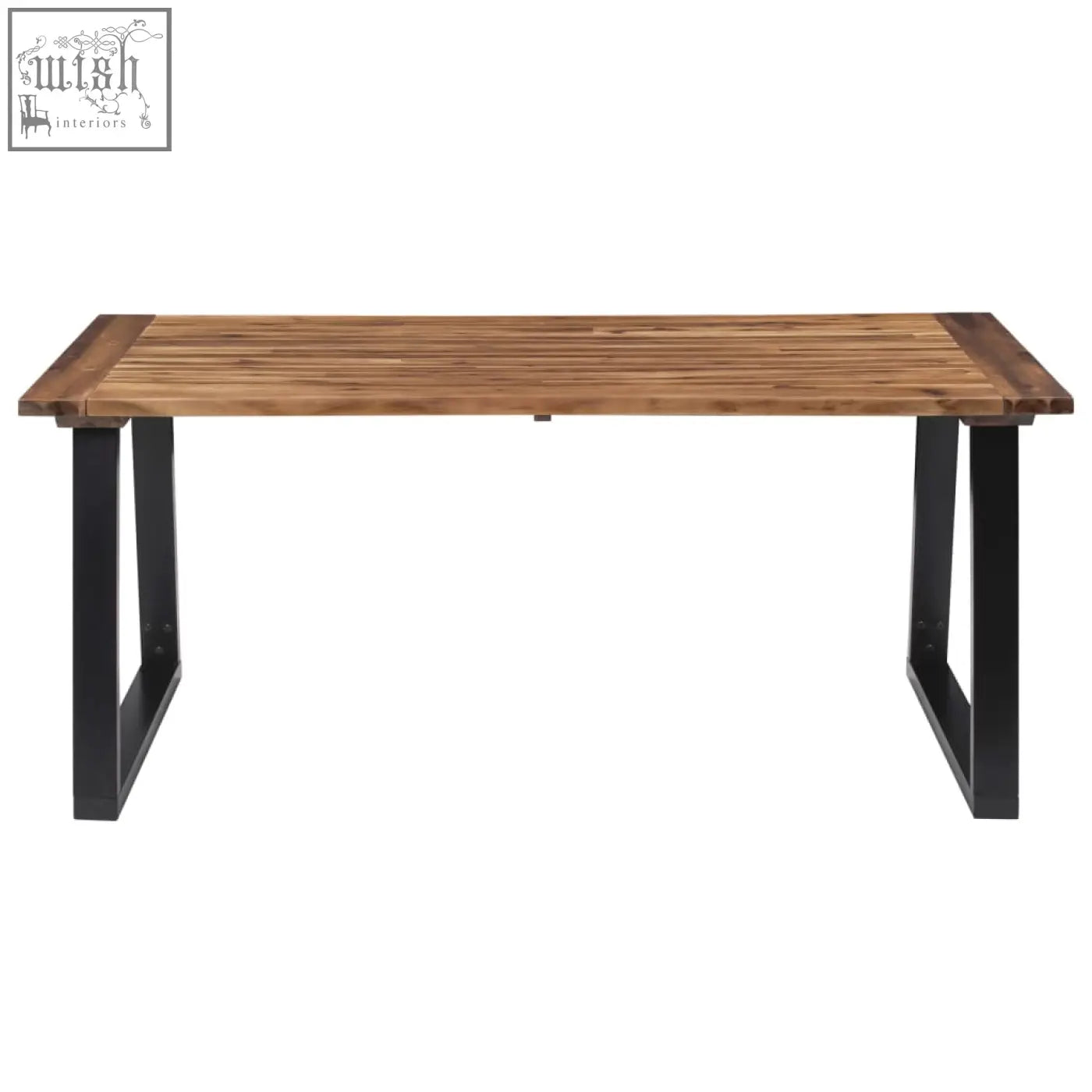 Rustic tyven acacia wood dining table 180cm with warm brown finish and black metal legs in industrial style