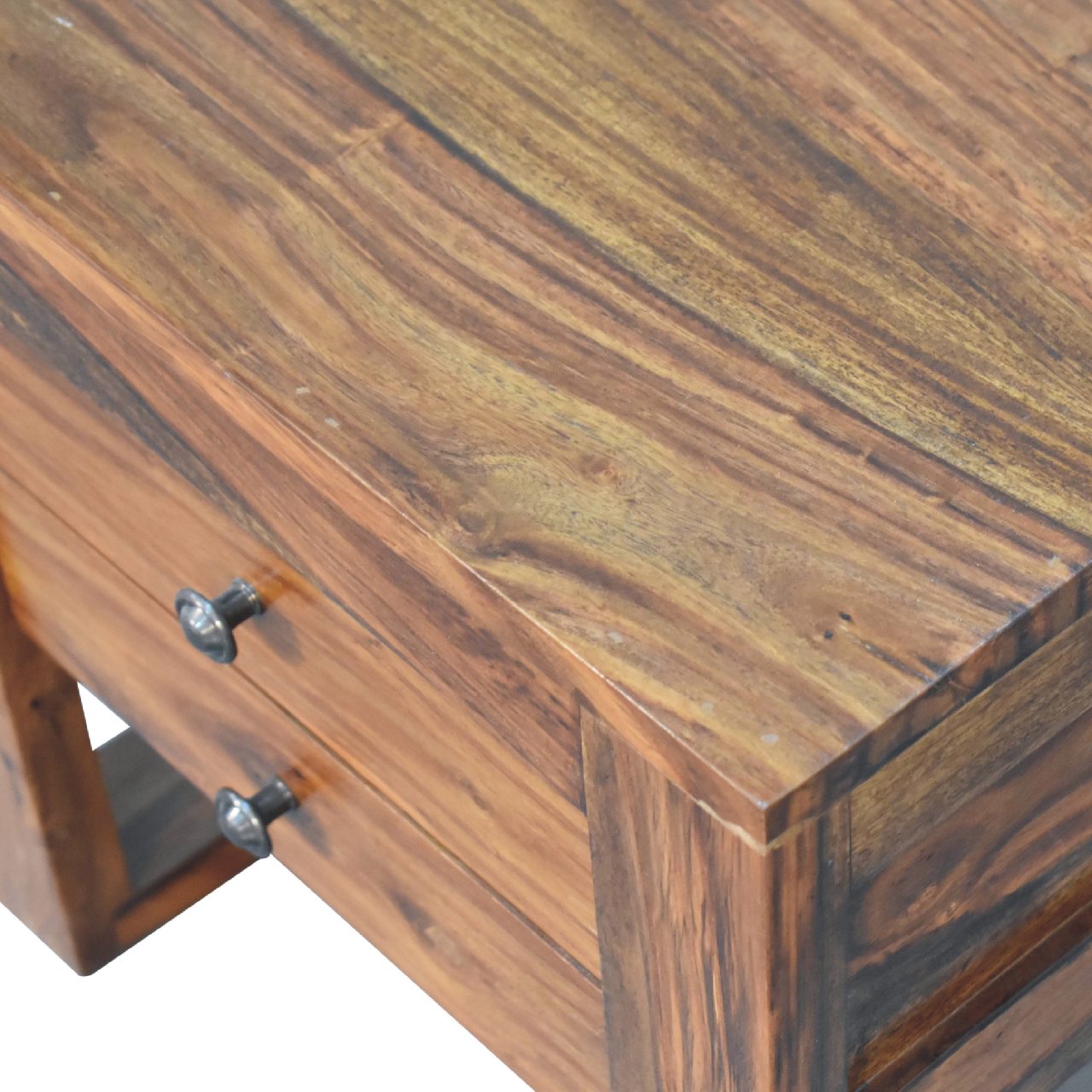 Rustic u-square honey bedside table made of solid sheesham wood with dark brown and golden grain patterns and two drawers