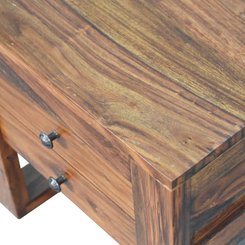 Rustic u-square honey bedside table made of solid sheesham wood with dark brown and golden grain patterns and two drawers