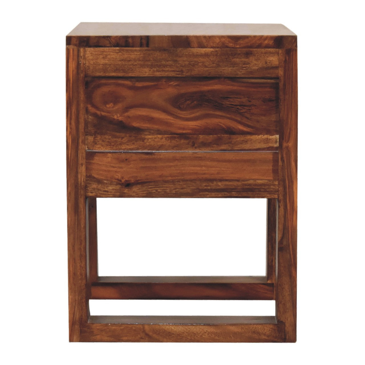 Rustic u-square honey bedside table with two drawers in solid sheesham wood and rich brown finish bedside table