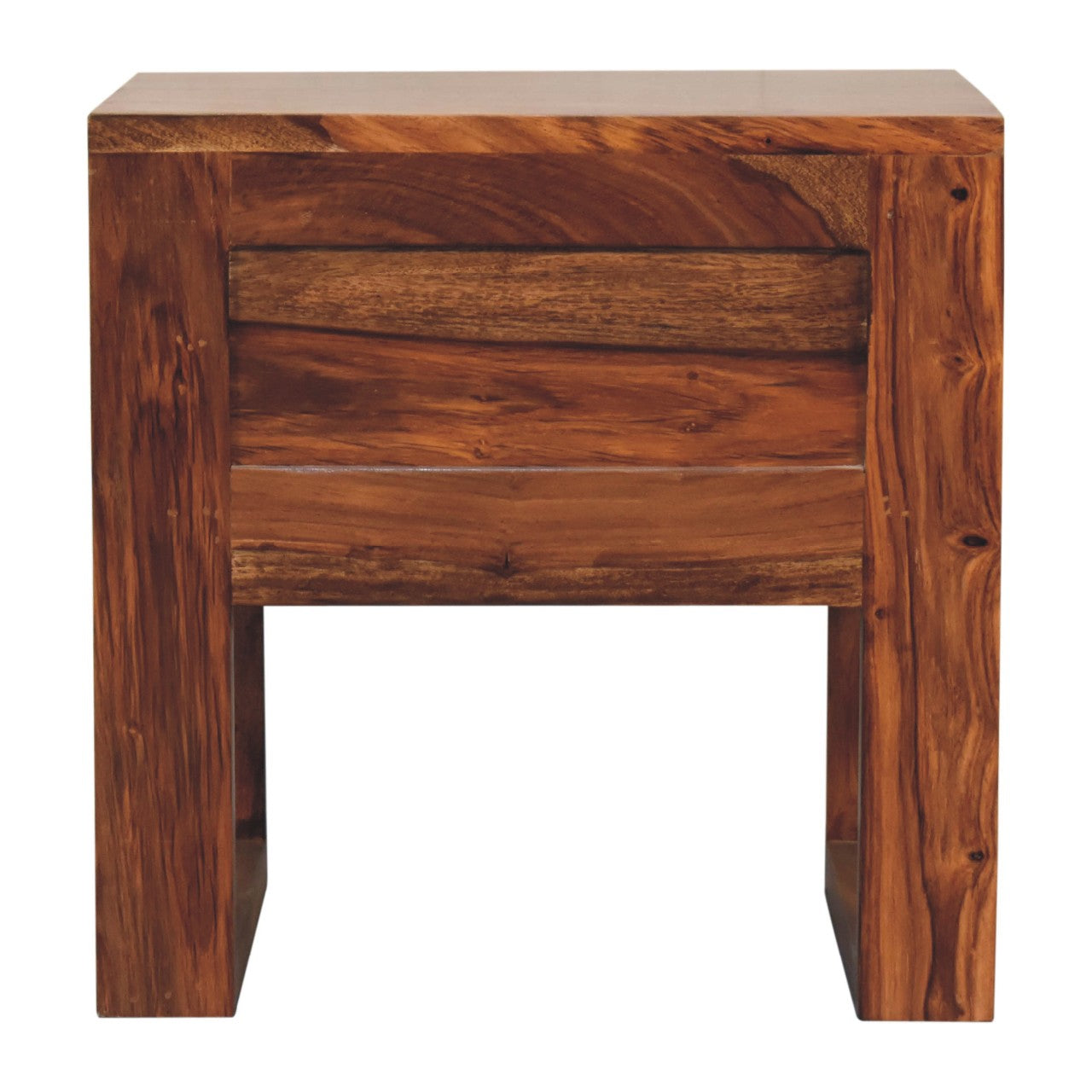 U-square honey bedside table made of solid sheesham wood with a warm brown finish and visible natural grain patterns