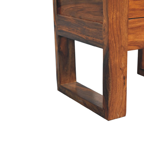 Solid sheesham wood bedside table in warm honey tones with natural grain finish perfect as a honey bedside table