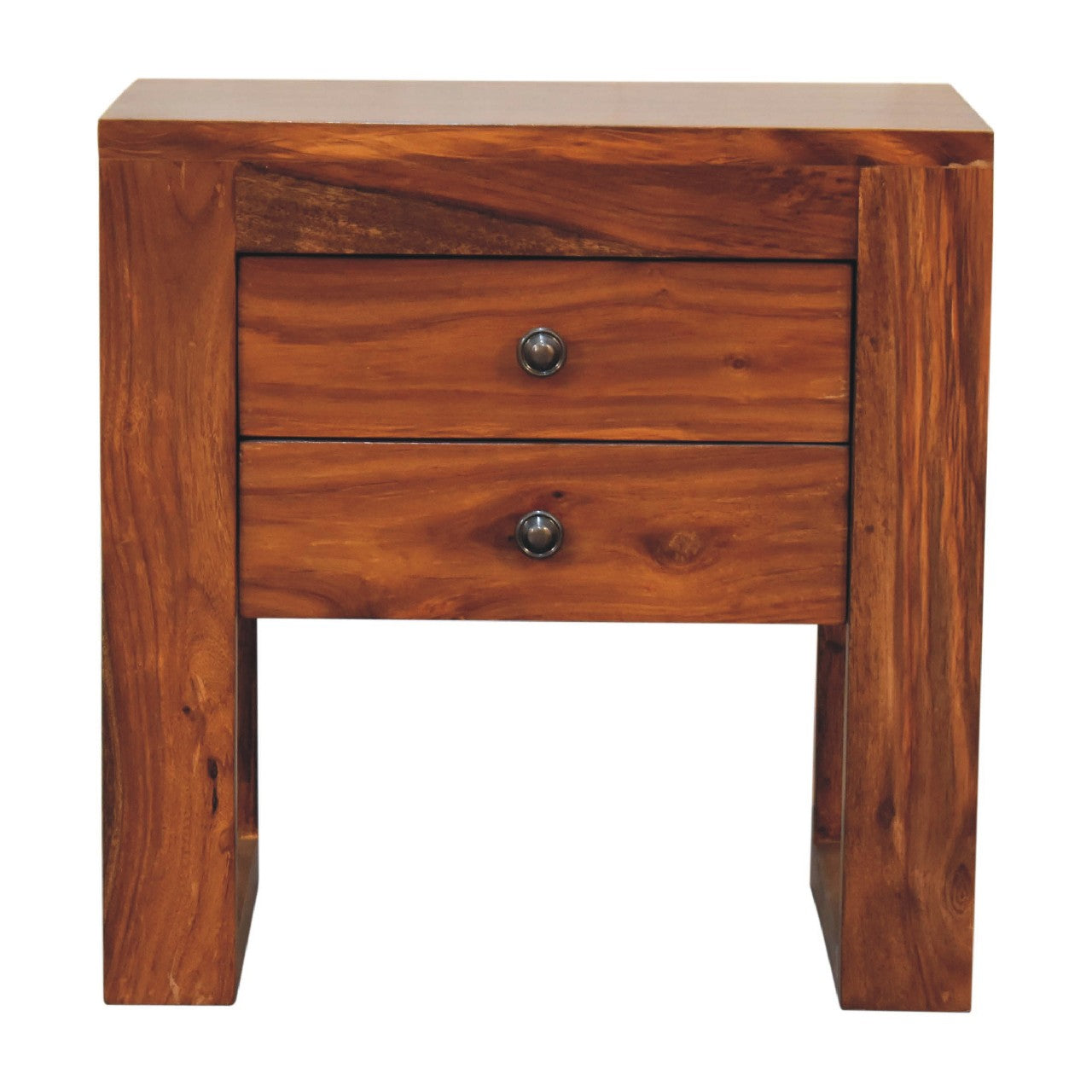 Solid sheesham wood honey bedside table with two drawers and round metallic knobs for bedroom storage