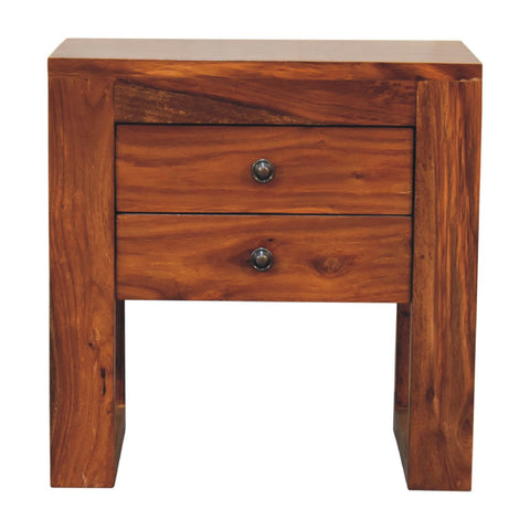 Solid sheesham wood honey bedside table with two drawers and round metallic knobs for bedroom storage