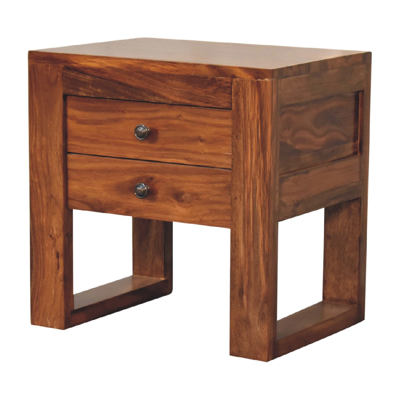 Solid sheesham wood bedside table u square honey bedside with two drawers dark brown finish and metal knobs