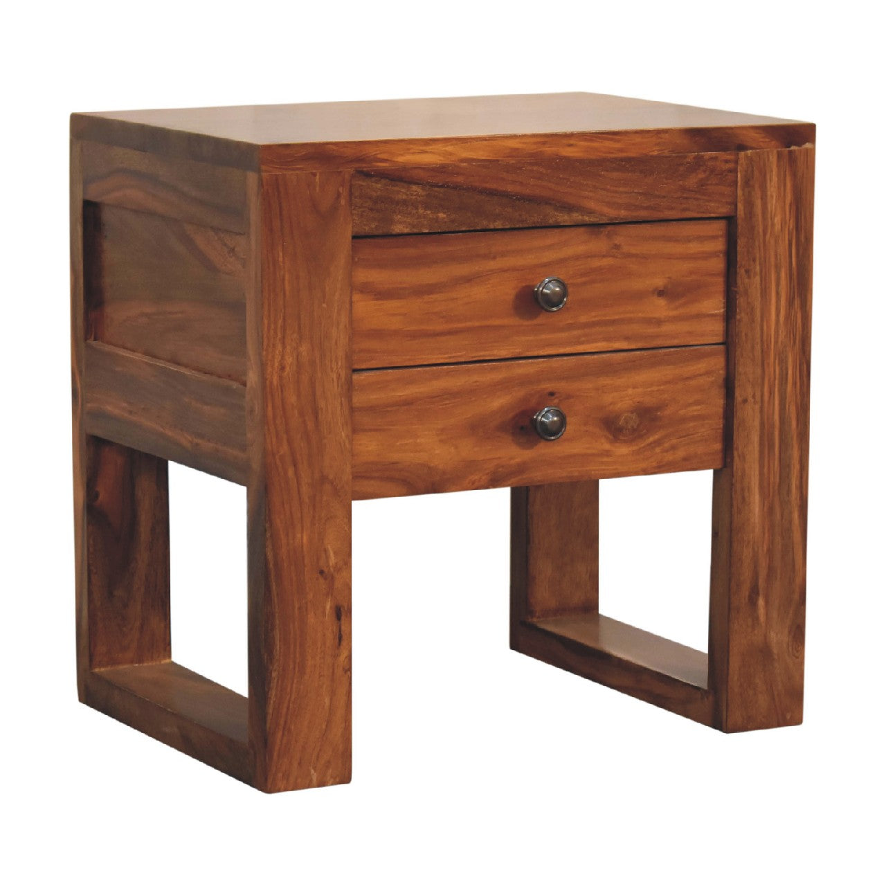 Solid sheesham wood u-square honey bedside table with two drawers and dark brown finish bedside table