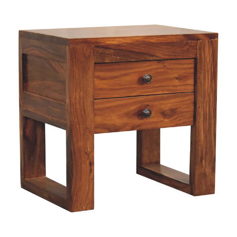 Solid sheesham wood u-square honey bedside table with two drawers and dark brown finish bedside table