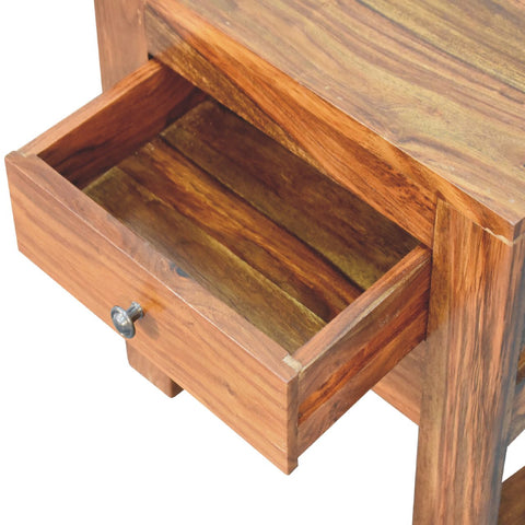 Solid sheesham wood bedside table with warm rich brown finish and visible grain patterns honey bedside table