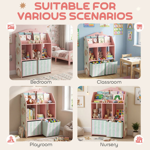 AIYAPLAY Kids Bookshelf with Storage, Toy Storage Unit with Book Display, Shelves and Fabric Drawers for Playroom Nursery, Pink