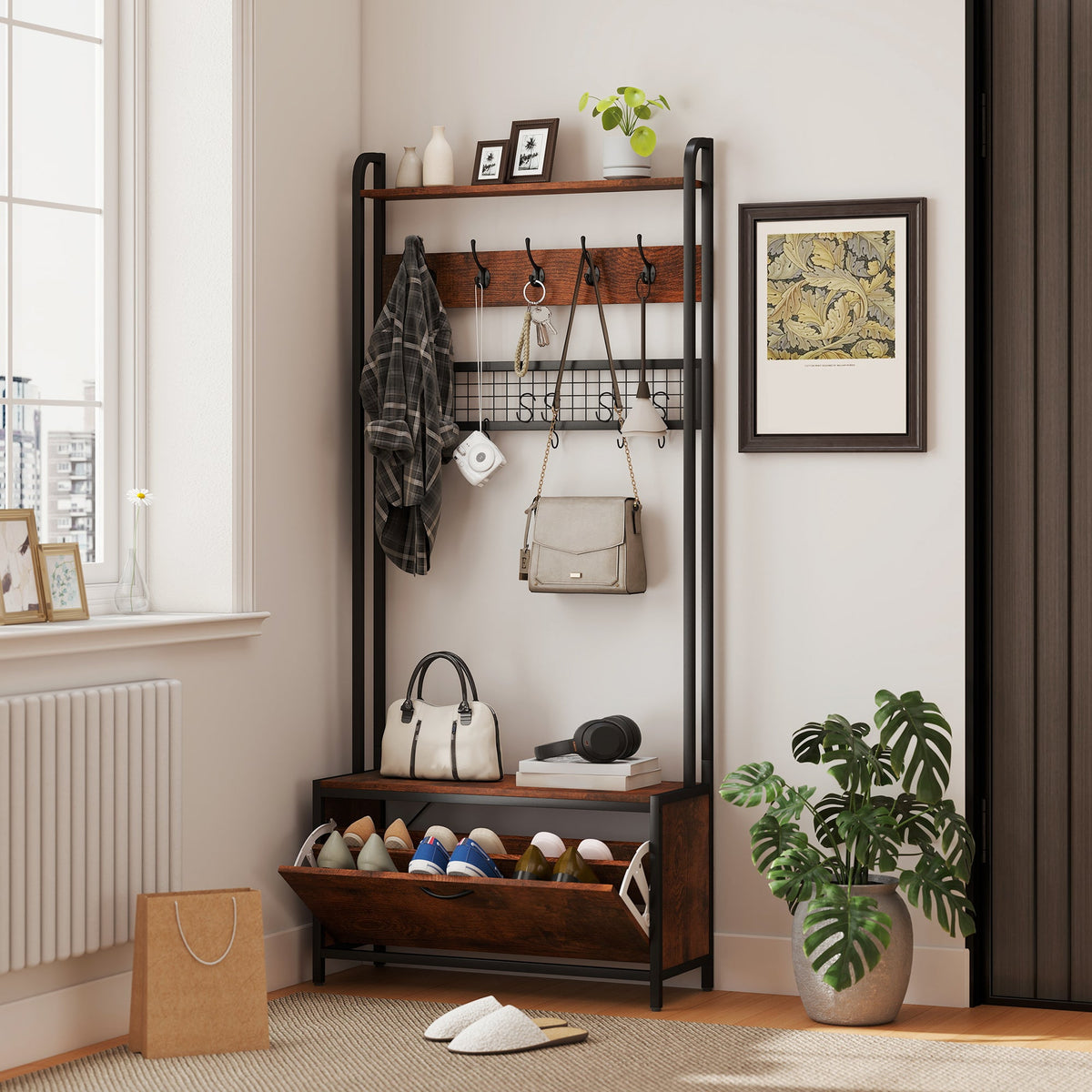 HOMCOM 5-In-1 Industrial-Style Hallway Tree - Brown/Black