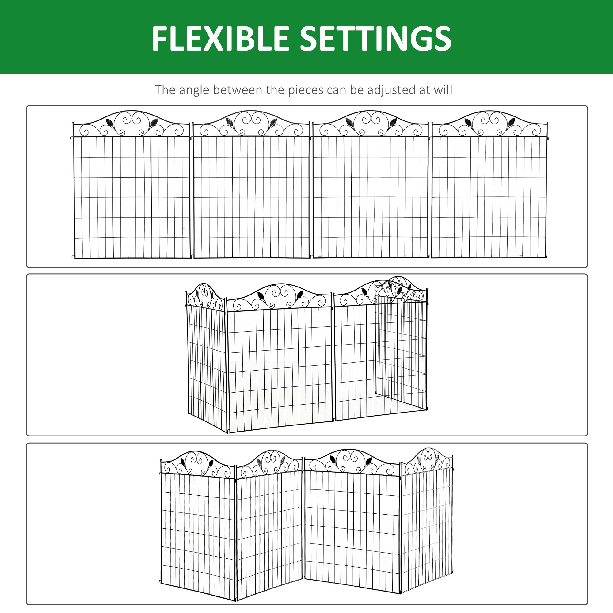 Outsunny Set of 2 Decorative Garden Fence, 8 Panels Metal Picket Fence, Versatile Shapes for Patio Lawn, 365cm x 112cm, Black