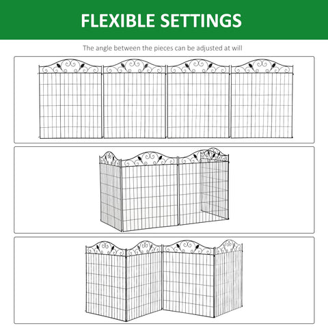 Outsunny Set of 2 Decorative Garden Fence, 8 Panels Metal Picket Fence, Versatile Shapes for Patio Lawn, 365cm x 112cm, Black