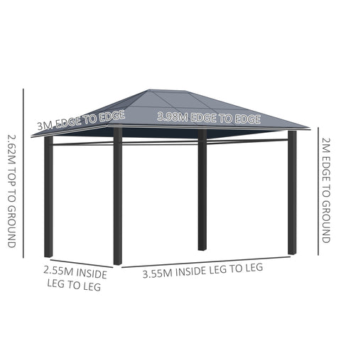 Outsunny Hardtop Gazebo Garden Pavilion with UV Resistant Polycarbonate Roof, Curtains, Steel & Aluminium Frame, 3 x 4m, Grey