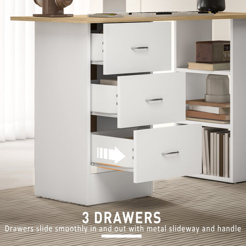 HOMCOM Computer Desk, Writing Table, PC Workstation with 3 Storage Shelves and Drawers, Silver Handle, for Home Office, Natural Wood Finish and White