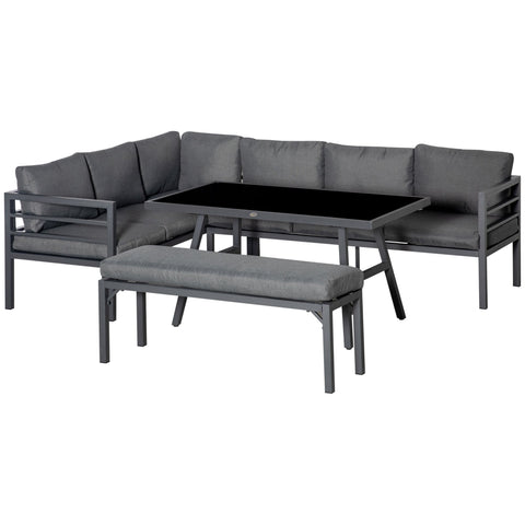 Outsunny\'c2\'a04\'c2\'a0Piece\'c2\'a0L-shaped Garden Furniture Set 8-Seater Aluminium Outdoor Dining Set Conversation Sofa Set w/ Bench, Dining Table & Cushions,\'c2\'a0Grey