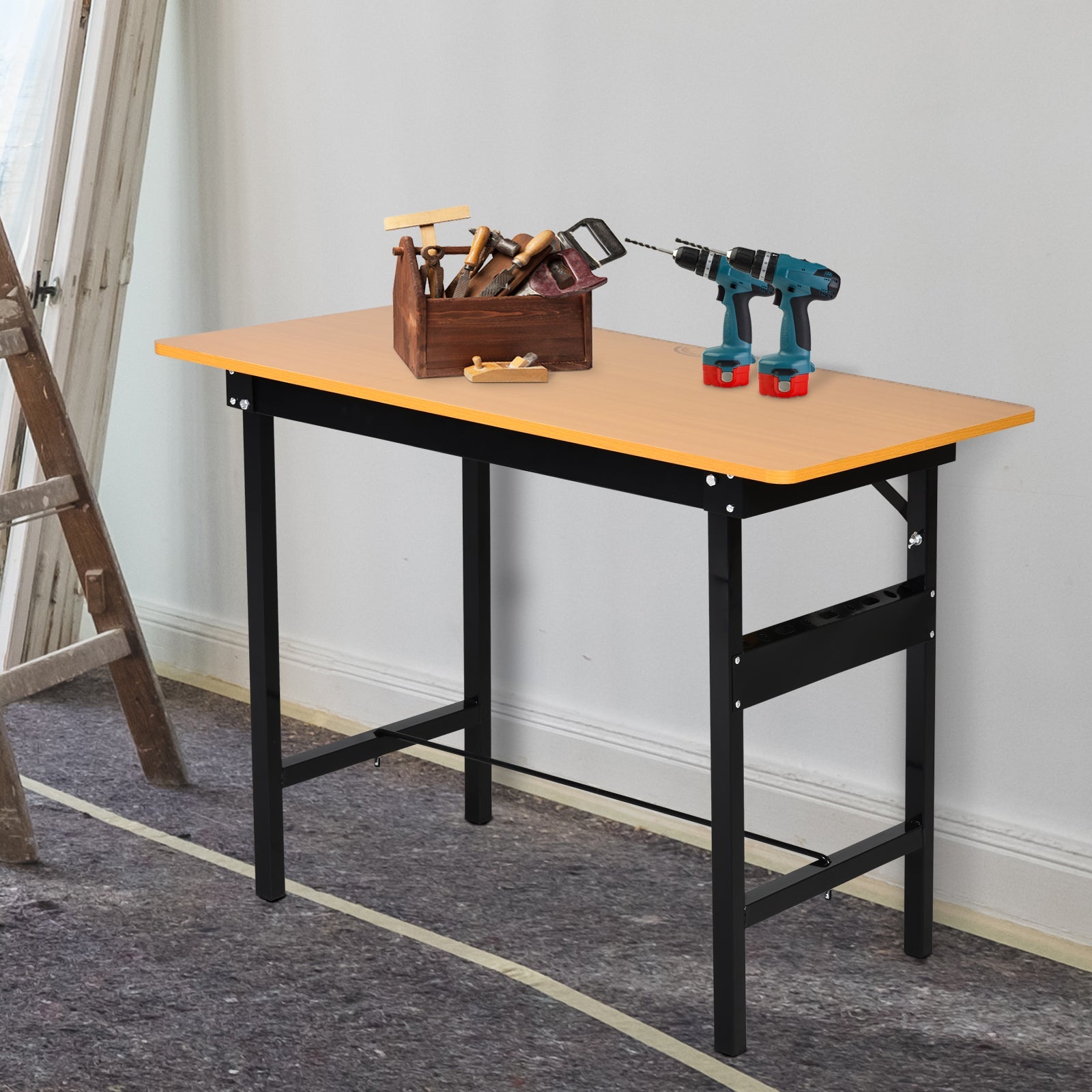 HOMCOM 100 cm Foldable Garage Work Bench, Craft Table MDF Workstation, Heavy-duty Steel Frame with Ruler, Protractor