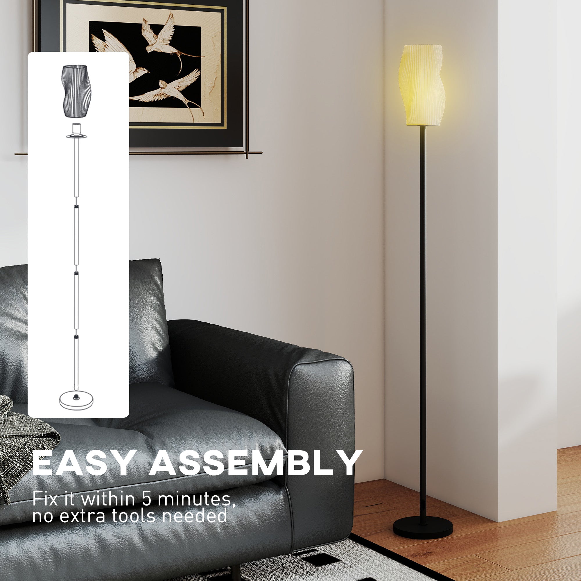 HOMCOM Floor Lamp for Living Room, 3D Printed Modern Standing Lamp with Flowing Curved Shade & Foot Switch, Minimalist Tall Pole Lampshade for Bedroom, Office, E27 Holder without Bulb (25W Max), White