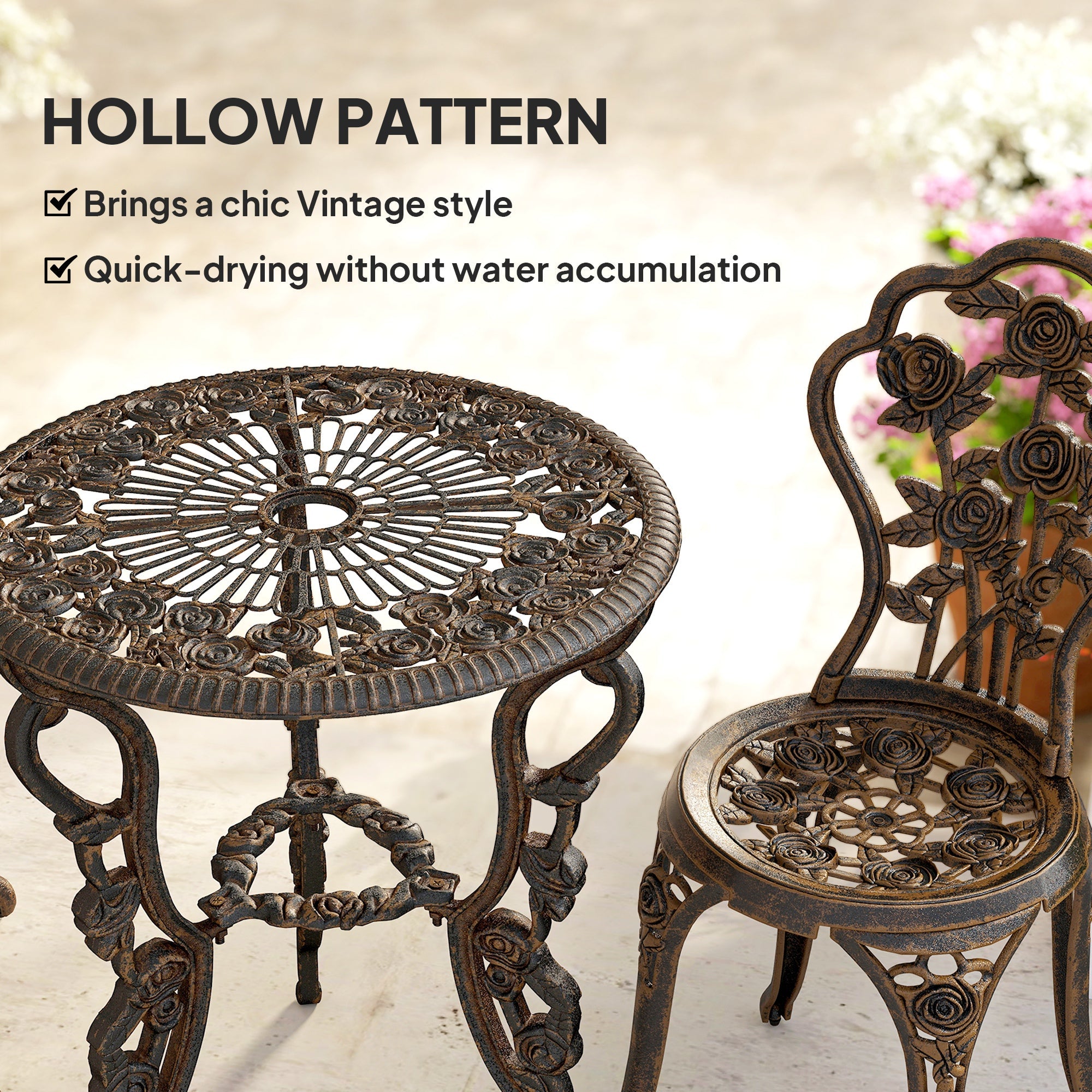 Outsunny Outdoor Bistro Set Vintage Rose Design Patio Furniture Set with Round Table and 2 Chairs Metallic Finish