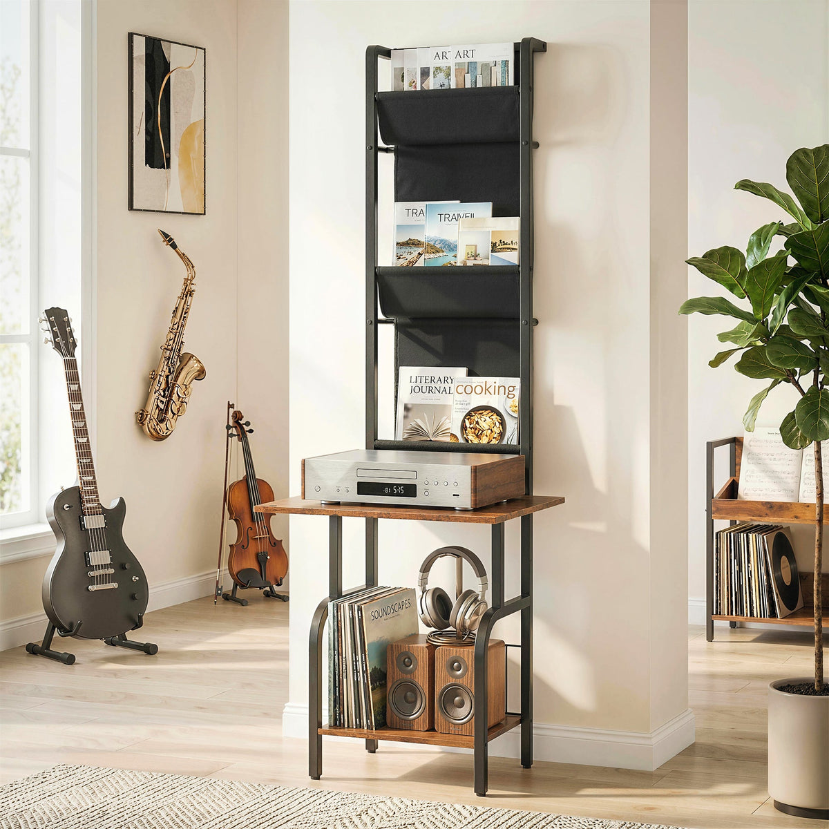 HOMCOM Vinyl Record Player Stand Record Storage with Player Stand Oxford Fabric Pockets Bottom Shelf Rustic Brown and Black