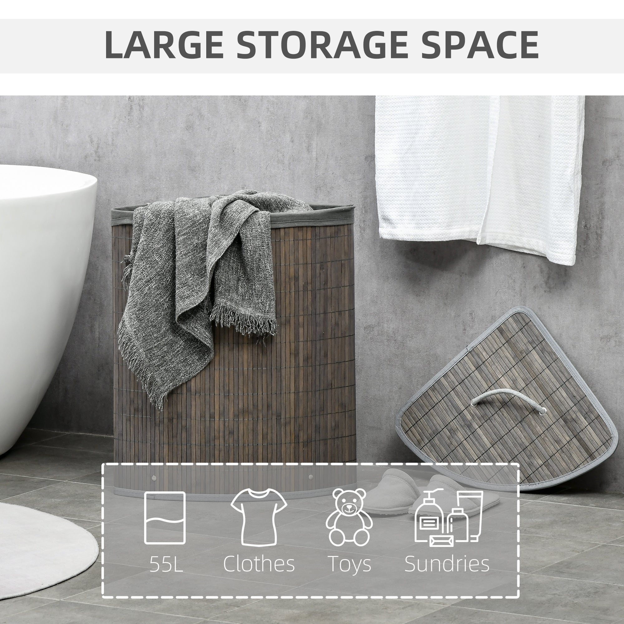 HOMCOM Bamboo Laundry Basket with Lid, 55 Litres Laundry Hamper with Removable Washable Lining,  Corner Washing Baskets, 38 x 38 x 57cm, Grey