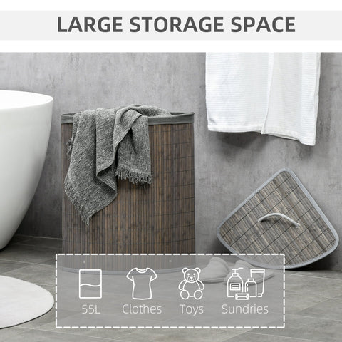 HOMCOM Bamboo Laundry Basket with Lid, 55 Litres Laundry Hamper with Removable Washable Lining,  Corner Washing Baskets, 38 x 38 x 57cm, Grey