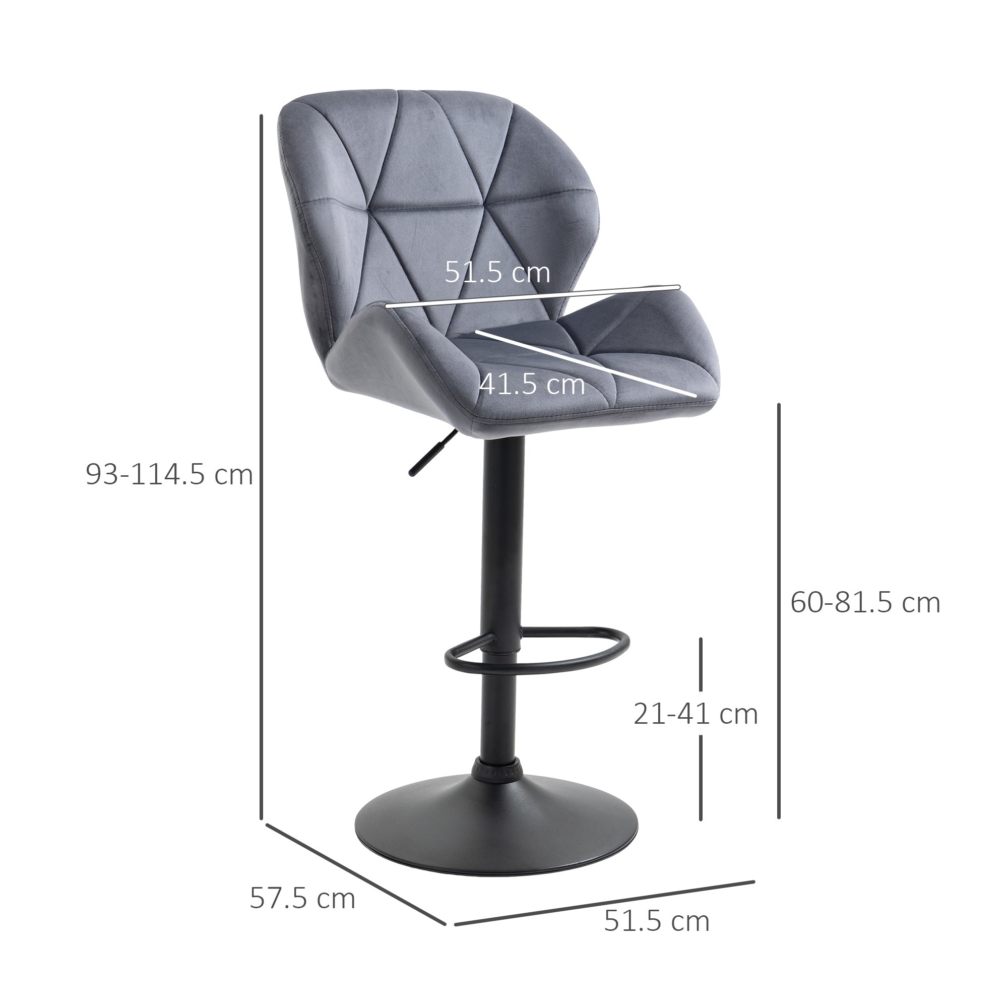 HOMCOM Adjustable Bar Stools Set of 2, Armless Upholstered Swivel Counter Chairs, Barstools with Back, Footrest, Dark Grey
