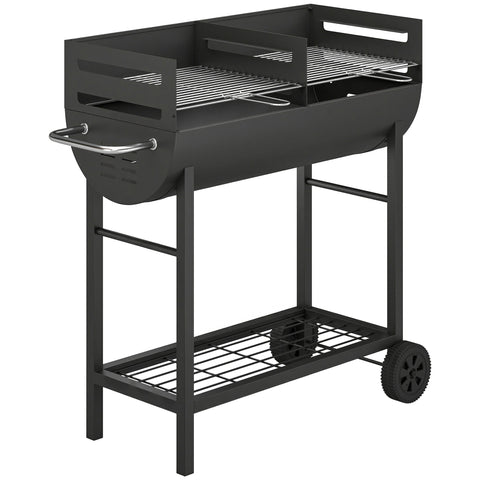 Outsunny Charcoal Barbecue Grill with 2 Cooking Areas, Portable BBQ Trolley with Wheels, Height Adjustable Grates, Bottom Shelf