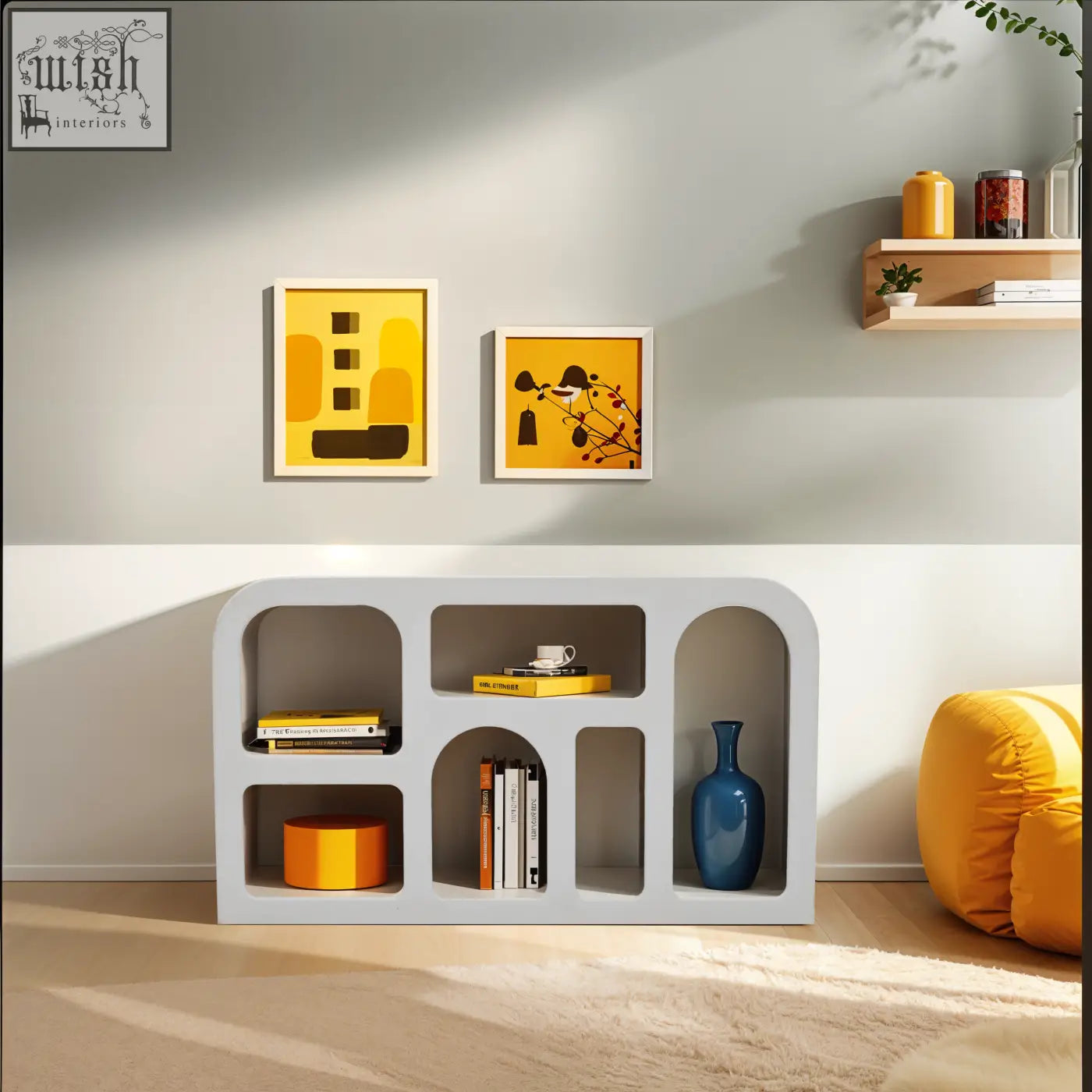 Modern white udaipur geometric medium sideboard with arched cutouts and bohemian charm bookshelf design