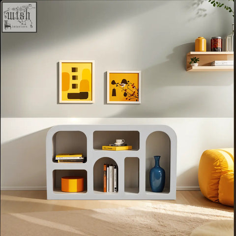 Modern white udaipur geometric medium sideboard with arched cutouts and bohemian charm bookshelf design