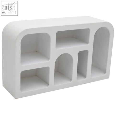 White concrete udaipur geometric medium sideboard with arched and rectangular compartments showcasing bohemian charm