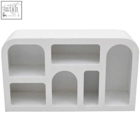 White minimalist udaipur geometric medium sideboard with arched and rectangular compartments adds bohemian charm
