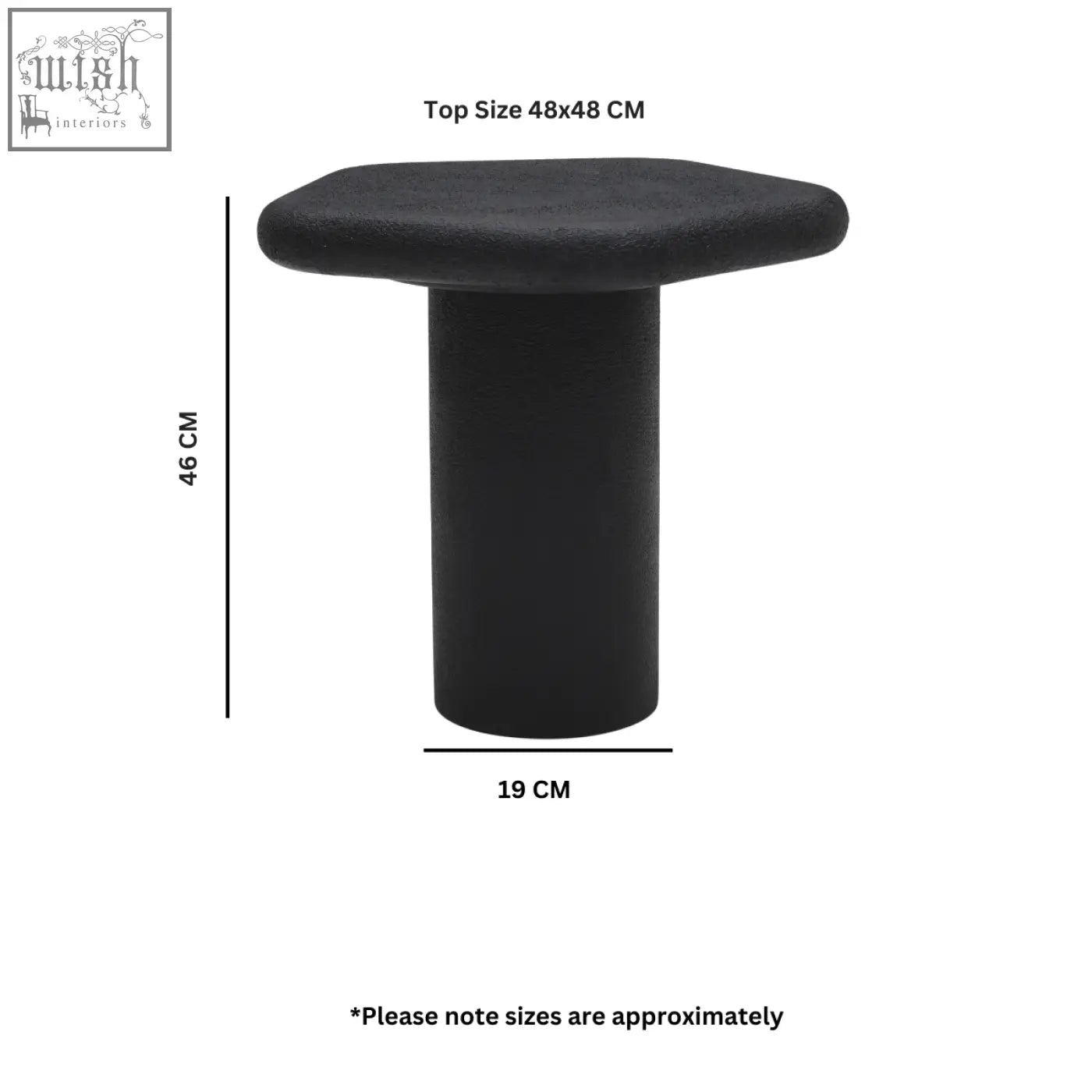 Black hexagonal-top end table with cylindrical base perfect as udaipur pentagon end table for modern spaces