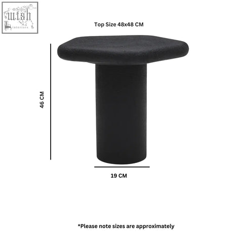 Black hexagonal-top end table with cylindrical base perfect as udaipur pentagon end table for modern spaces